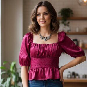 NWT BELLEVUE THE LABEL Aurora Satin with Lace Short Sleeve Blouse Top